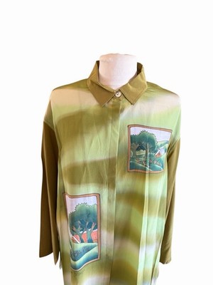 Carol Patterson Womens Size 1X Silk Green Trees Themed Button Down Blouse