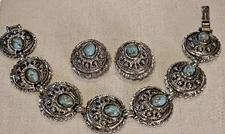 Vintage Sara Coventry Silver Bracelet 7.25" W Clip On Earrings Turquoise Accents