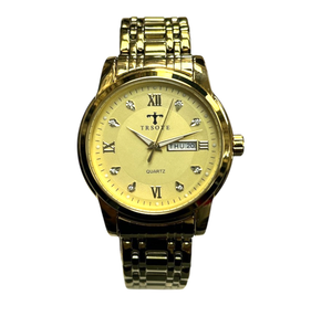 TRSOYE tono dorado cuarzo día-fecha esfera dorada pulsera de acero inoxidable reloj de vestir