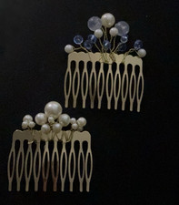 Gold Tone Pearl Crystal Bridal Hair Comb Set, 2-Piece White/Clear/Blue