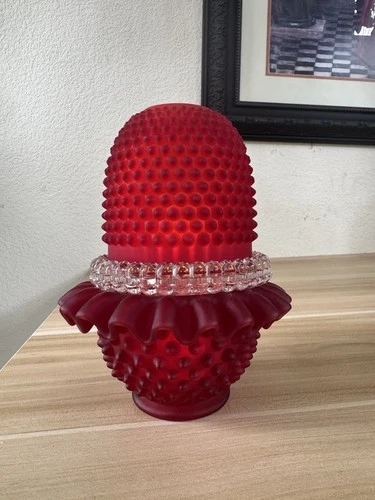 Fenton for L. G. Wright Satin Amberina Ruby Hobnail Ruffled Fairy Lamp (4 pc)