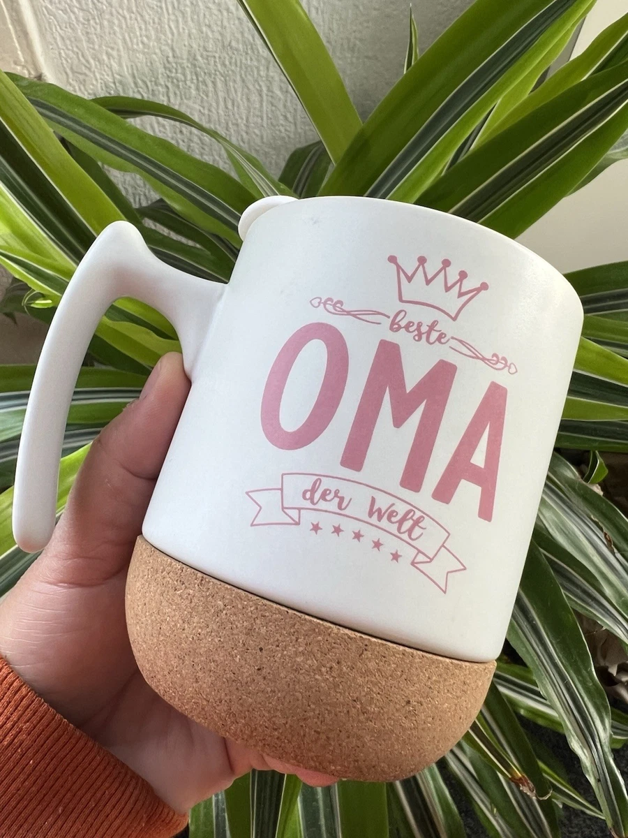 Kaffeebecher Keramik mit Deckel & Korkboden, weiß/rosa für die beste Oma