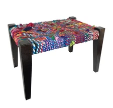 Colorful Boho Hand Made Woven Cloth Chindi Bench 15.5 x 24 x 15" See All Photos