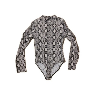 Buckle Black & White Snake Skin 1pc Bodysuit Mock Neck Long Sleeves Women's XL