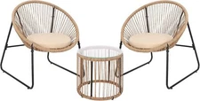 3-Pc Acapulco Set, 2 Chairs&Glass Table, All-Weather PE Rattan w/Thick Cushions