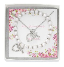 Silver Toned Heart Charm Necklace and Pearlized Bracelet Gift Set for Girls