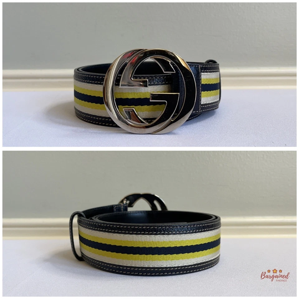 Подлинный Gucci белый желтый темно-синий холст черный кожаный блокировки G ремень 85/34 - Изображение 3 из 4