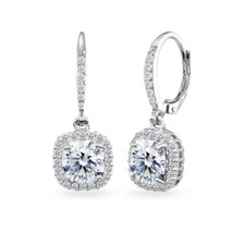 Cushion-Cut Dangle Halo 925 Silver Leverback Earrings with AAA Zirconia