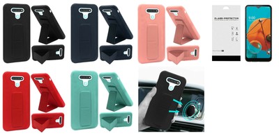 For LG Reflect L555DL / K51 Q51 Foldable Stand Case Phone Cover + Tempered Glass