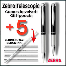 Zebra Telescopic BLACK Ballpoint mini Pen + 5 x Zebra C4 0.7 black ink refill