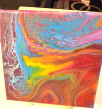 Handmade Abstract Original Acrylic Pour Painting on 8X8 Canvas Varnished  Stand