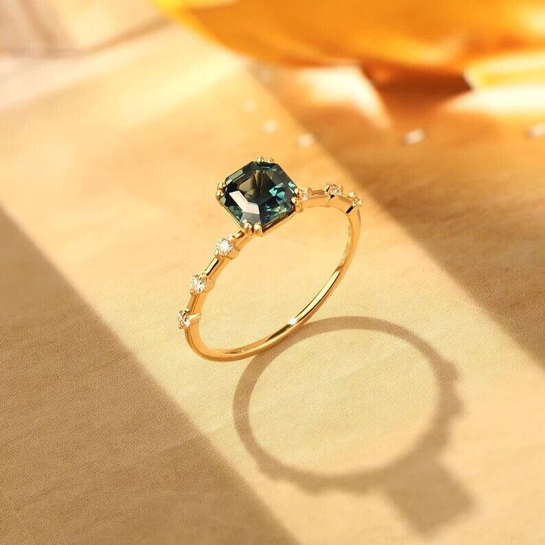 2.18ct Teal Sapphire &Diamond Ring 14k Solid Gold ring Unique