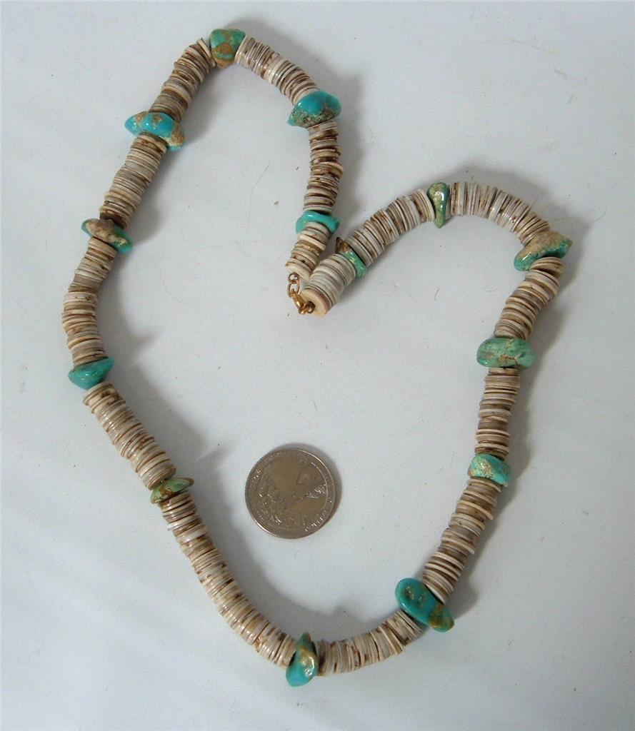 Vintage Navajo Shell Heishi Mined Turquoise Nugget Beads Necklace 20