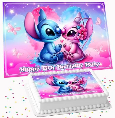 STITCH & ANGEL BIRTHDAY PERSONALISED ICING EDIBLE COSTCO CAKE TOPPER ST-02