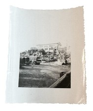 WW2 Era Photo U.S. Army Military Vehicles In Front Of Destroyed Building