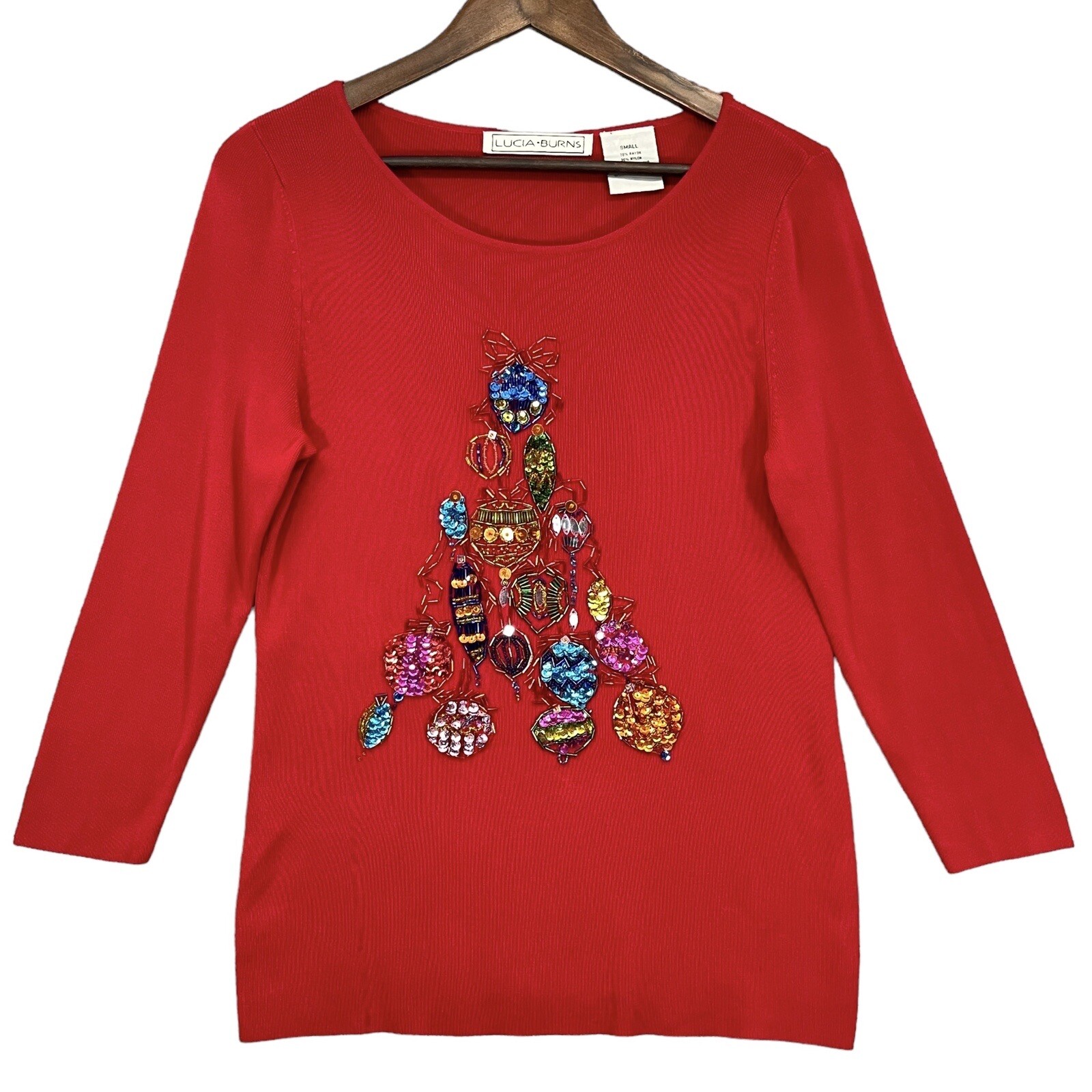 Lucia Burns Top Women Size S Red Slinky Christmas Tree Ornaments Beaded  R90