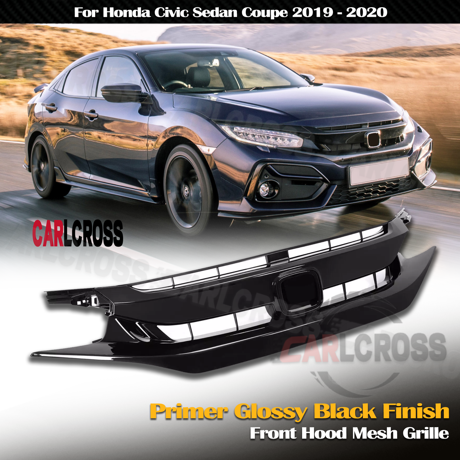 Glossy Black Front Hood Mesh Grille for 2019-2021 Honda Civic Sedan Coupe