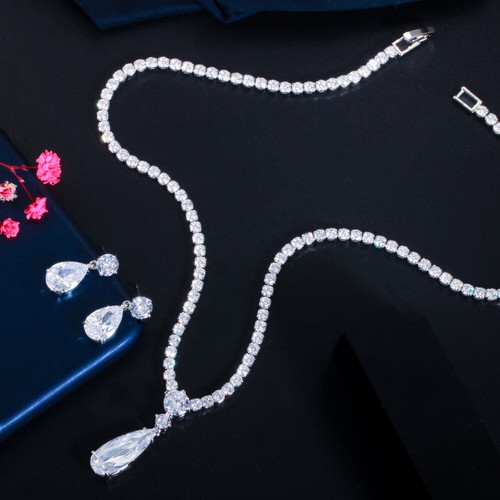 Lila CZ Drop Tennis Anhänger Halskette Ohrringe Braut Verlobung Schmuck Set - Bild 7 von 16