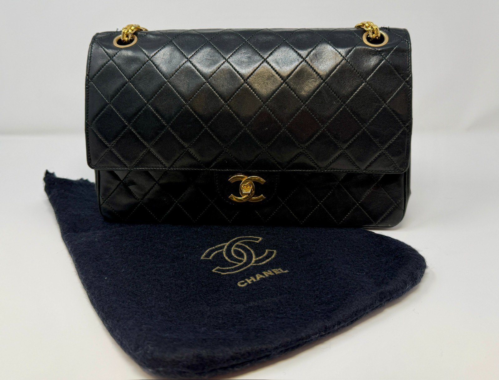 Rare Vintage Chanel Black Lambskin Medium Double Flap 24K Gold HW thumbnail 17