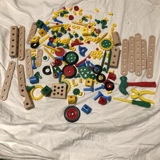 Huge BRIO lot vitnage Construction Set Wood Plastic Toys Tools Stem parts B