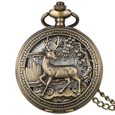 Animal Theme Pocket Watch Vintage Assorted Animals Quartz w/ Necklace Chain Gift