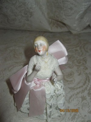 VINTAGE HALF DOLL LADY W/ ARMS AWAY- LACE SKIRT & PINK SASH - 5'' TALL