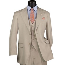 VINCI Men's Oatmeal Textured Weave 3 Piece Regular Fit Suit w/ Flex Waist - NEW