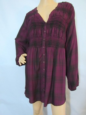 NWT TORRID Size 3X Purple & Black Plaid Long Sleeve Smocked Milly Tunic