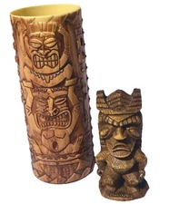 Vtg Hawaiian TIKI God Statue & Cup Mug Whirley Drink Works Plastic Souvenir Set