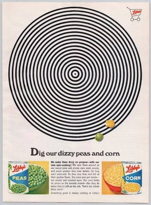 1965 Libby s Peas and Corn Vintage Print Ad Op Art Spiral Design Retro