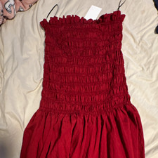 Women's Red Smocked Ruffle Spaghetti Strap Square Neck Midi Sundress Size S