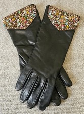 Vintage Black Leather Gloves Multicolor Rhinestones Glass Size L/XL