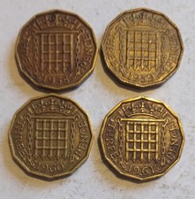 Queen Elizabeth II threepence coins 1958 to 1961
