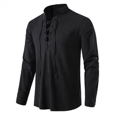 Men's Linen Long Sleeve Shirt Lace up V-Neck Viking Medieval Pirate Top