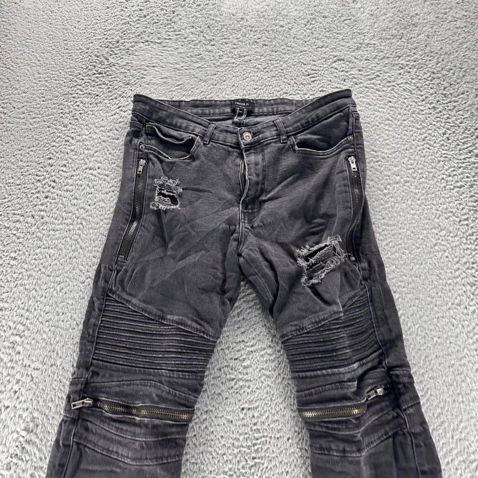 Pantalones de mezclilla Forever 21 para hombre 34x32 negros algodón lavado oscuro elásticos calce ajustado desgastados Foto 2 de 4