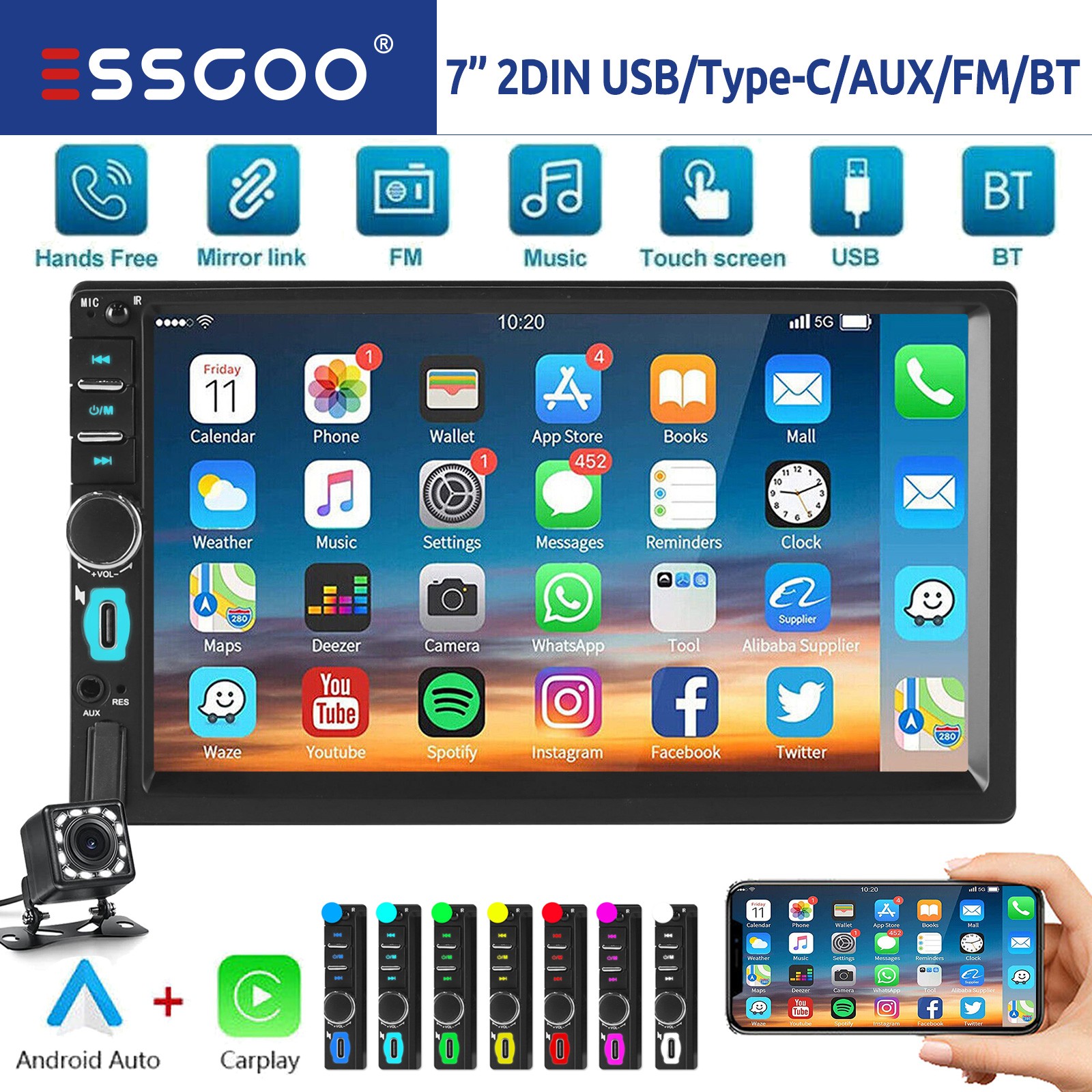 Autoradio 2 DIN 7" Apple Carplay Android Auto FM Bluetooth USB Type-C AUX Fotocamera