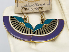 NOS LAUREL BURCH Fan Sunbeam Sky DANGLE DROP EARRINGS Purple Turquoise CLOISONNE