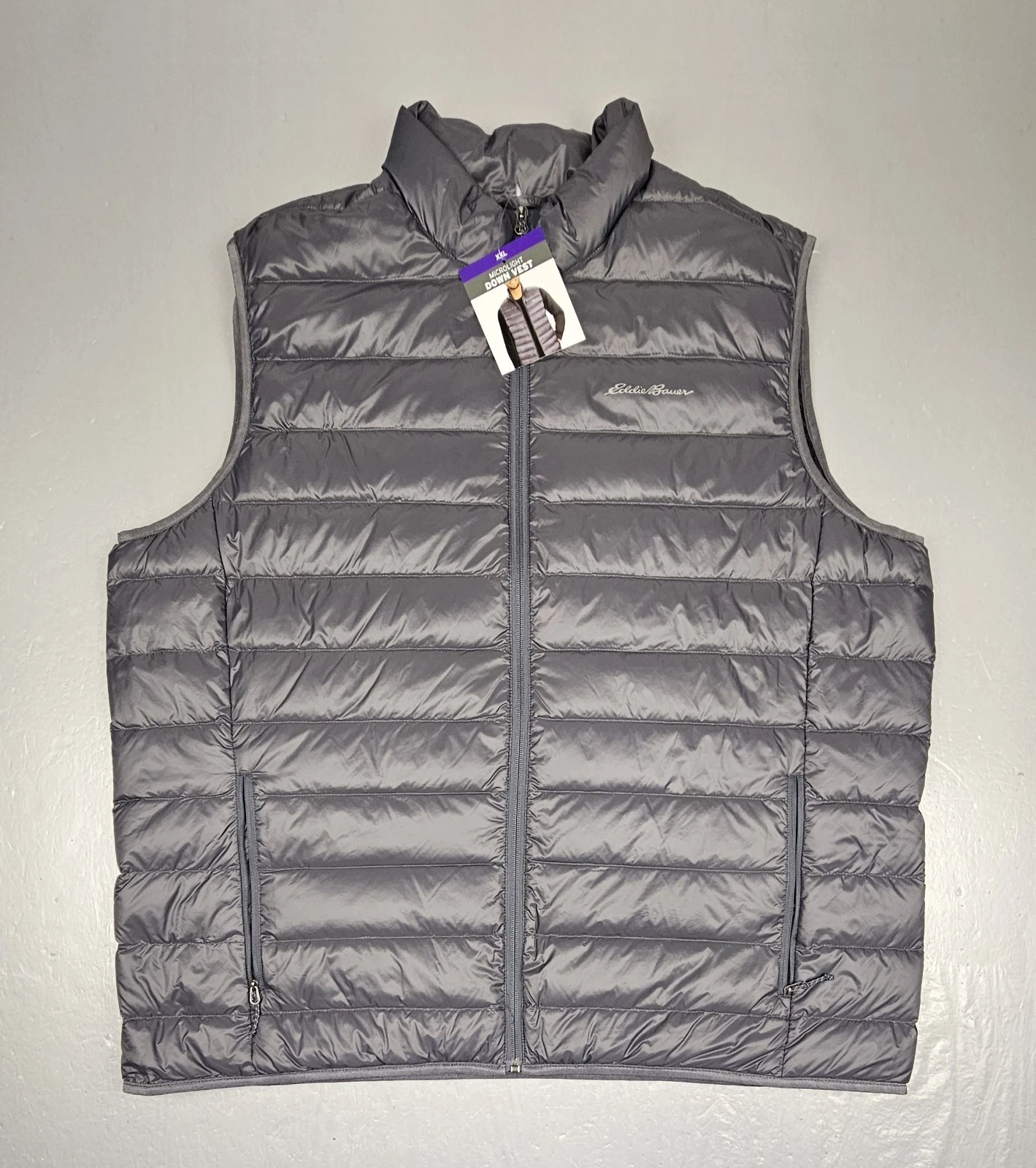 Eddie Bauer Down Vest Mens 2XL Gray 650 Fill Full-Zip Packable Microlight NWT
