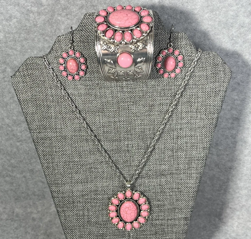 Conjunto de Joyería Howlite Pendientes Flor Brazalete Pulsera Colgante Collar Western Boho Foto 2 de 4