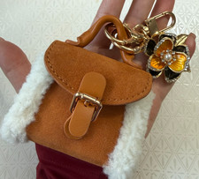 Mini Brown Suede Look Purse Bag Charm Keychain Faux Fur Floral Rhinestone Gold T