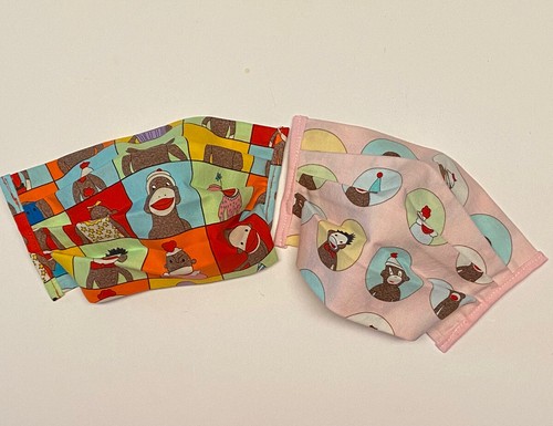 2 Face Masks Double Layer Cotton Handmade Sock Monkey Fabric Washable Adult Size - Picture 2 of 4