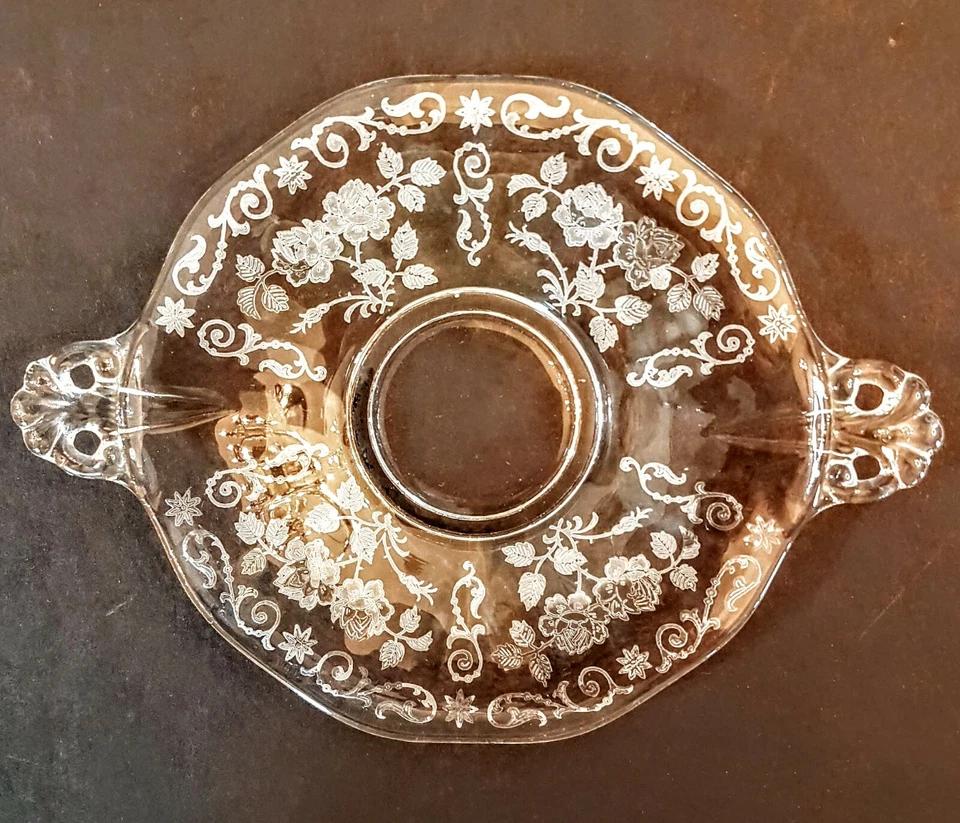 Fostoria Midnight Rose Tidbit Plate 7" Tab Handles Etched Glass VTG Granny Chic - Image 2 of 4