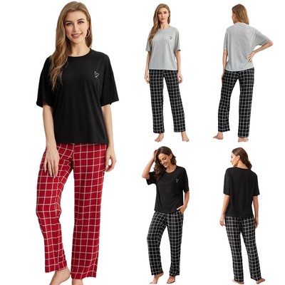 schlichtes Freizeit Home Wear Set Frühling/Herbst Damen Kurzarm Lange Hose
