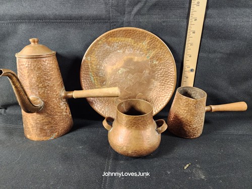 Vintage 60er Recuerdo de Chile gehämmertes Kupfer Lot Töpfe Schale Teller OG Patina