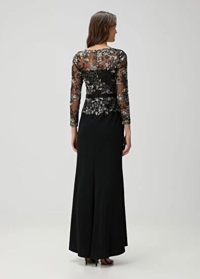 Tadashi Shoji Black Silver Floral Lace Embroidery Long Sleeve Gown Size 4 $478 - Image 3 of 4