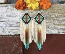 Tribal Earrings Native Large Boho American Seed Beads Handmade Earring