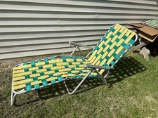 Vintage Green & Yellow  Aluminum Webbed Chaise Tri-Fold Lawn Lounge Chair 