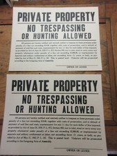 2 Two c1943 Vintage Private Property No trespassing or Hunting Allowed Sign 8x11