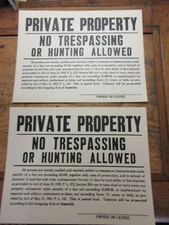2 Two c1943 Vintage Private Property No trespassing or Hunting Allowed Sign 8x11