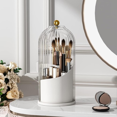 360° Rotating Makeup Brush Holder With Lid Luxury Cosmetic Organizer Storage Box - Picture 10 of 11
